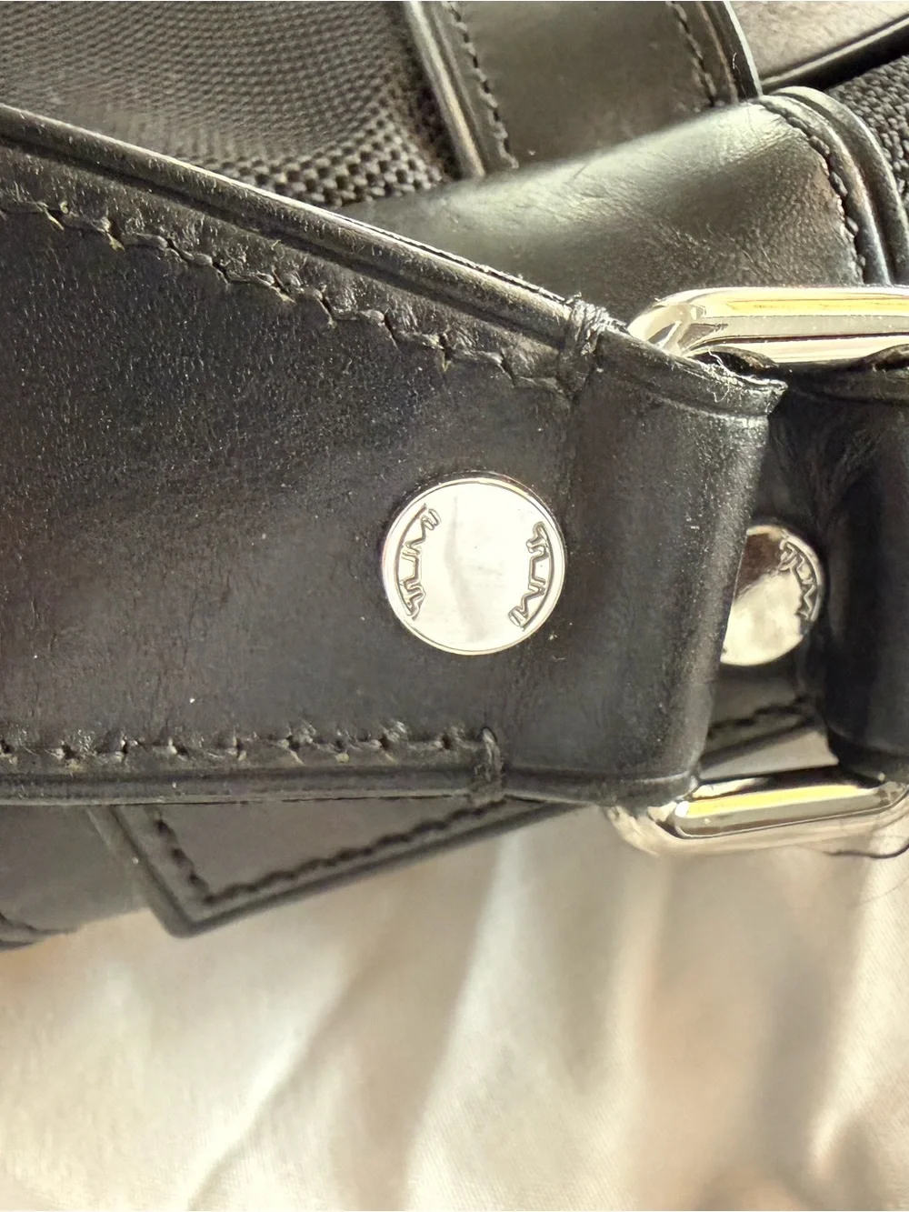 TUMI Black Leather & Ballistic Nylon Messenger Bag